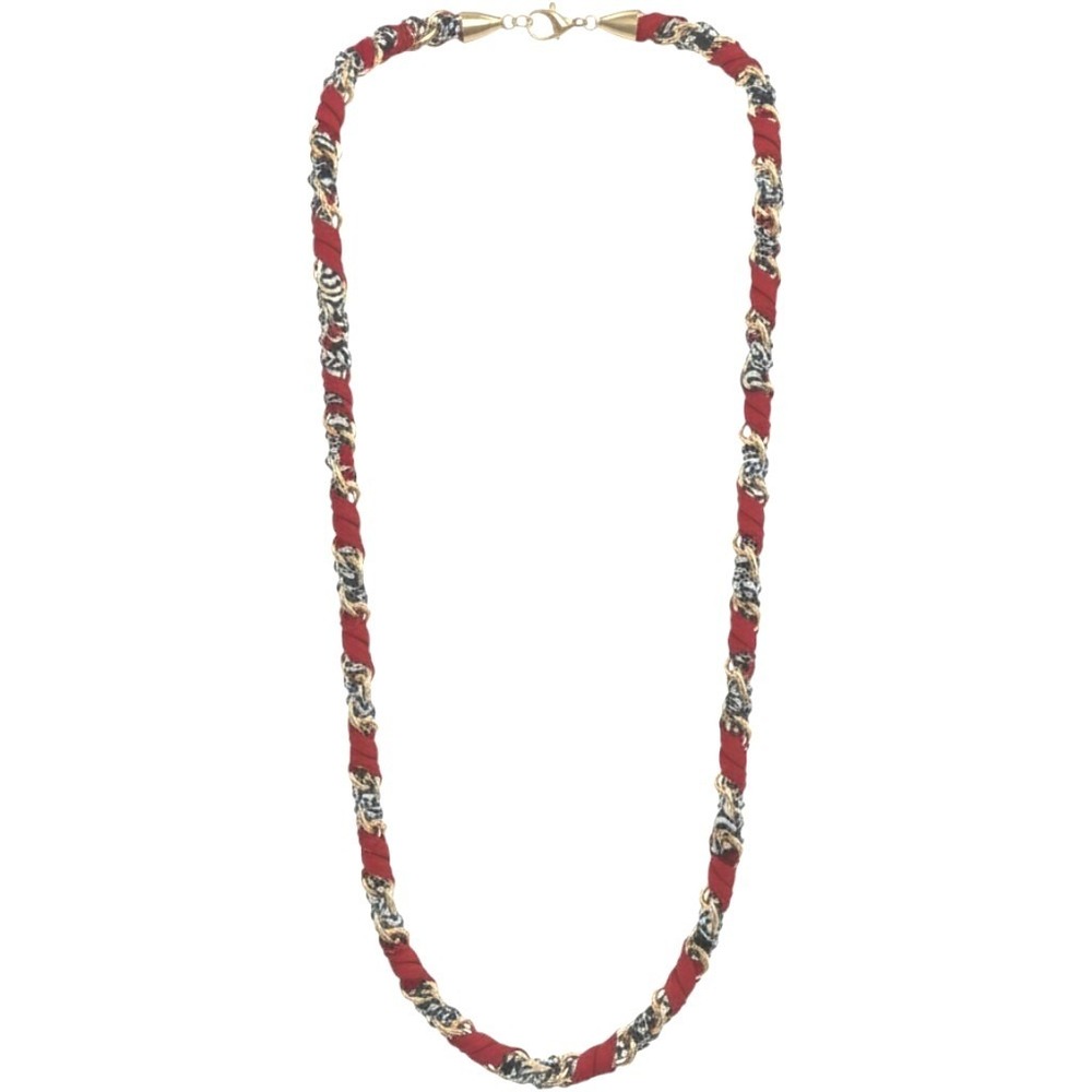 Gold Tone Woven Fabric Chain Necklace Red Black White Patterned Long Statement